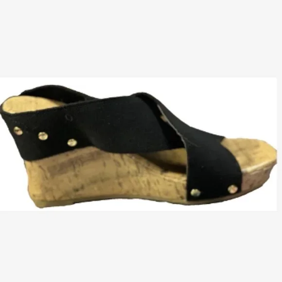 Jaclyn Smith Platform Sandals Women's Size 8.5 Black Elastic Straps 4" Cork Heel - Picture 2 of 5